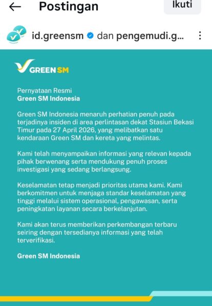 Pernyataan Resmi Green SM Indonesia mengenai insiden dekat Stasiun Bekasi Timur pada 27 April 2026 (teal poster dengan logo).